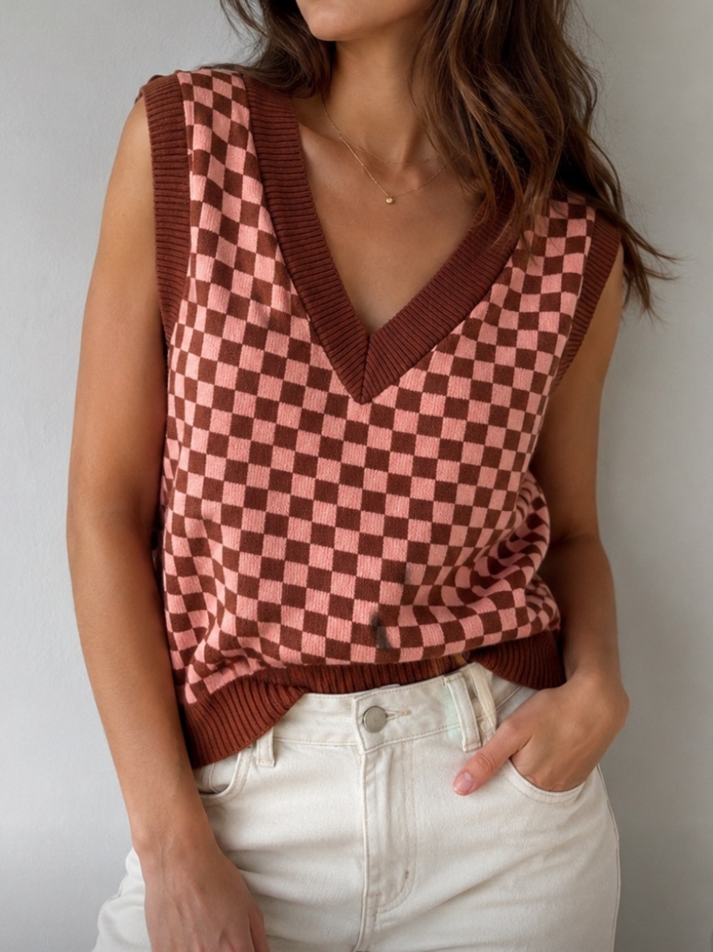 Sunday Best Pink and Brown Checkerboard Knit Vest